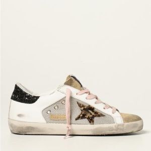 Golden Goose Net & Glitter Heel Superstar Sneakers in White and Black. Size 39